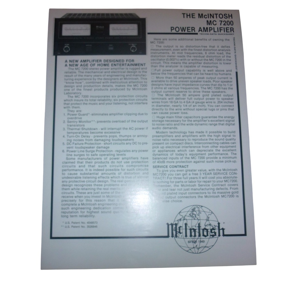 McIntosh MC 7200 Power Amplifier Original Techni-Data Quicksheet Spec Sheet